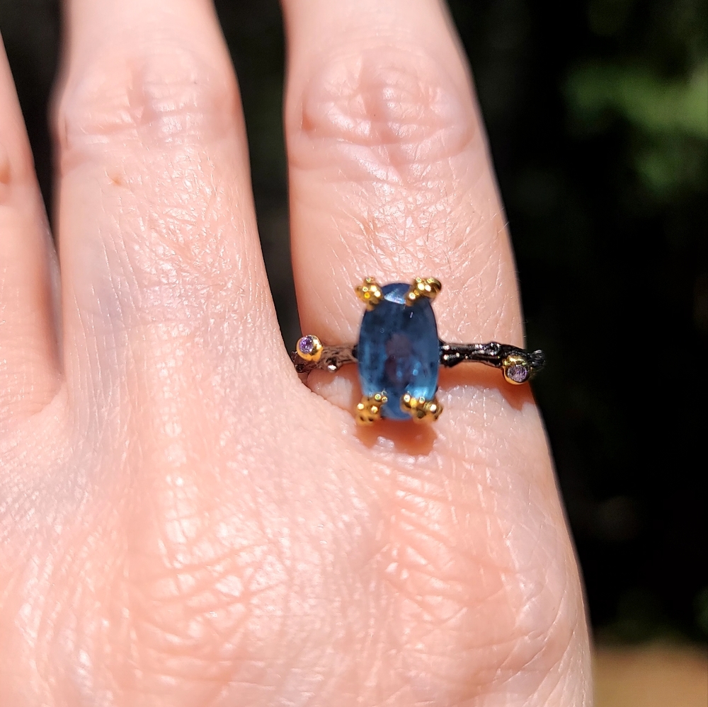 Kyanite & Amethyst elongated cushion cut STUNNING wreath sterling &gold ring sz9 - Picture 9 of 10